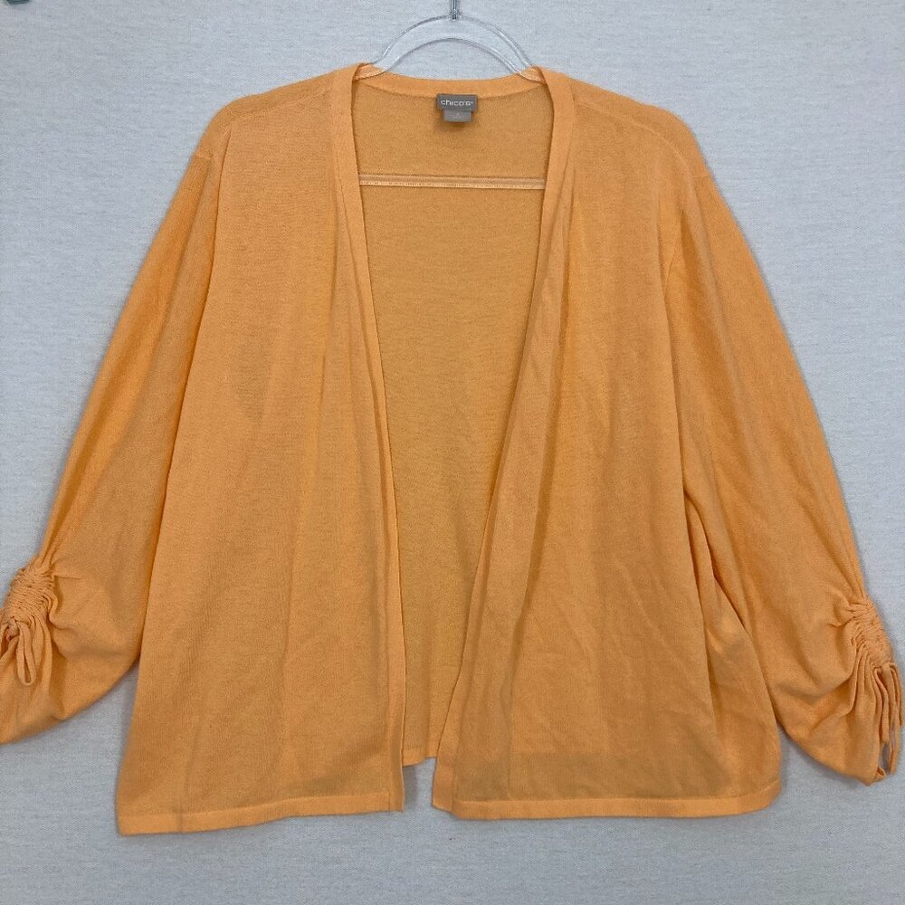 Chico's Orange Open Front Lightweight Stretch Knit Ruched Sleeve Cardigan XL/3